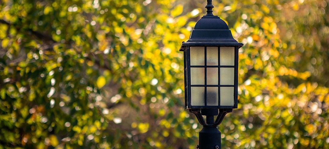 Decorative small lantern in green garden.