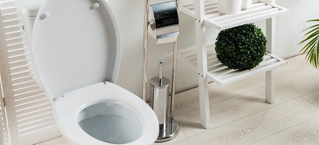 Close coupled toilet in modern bathroom.