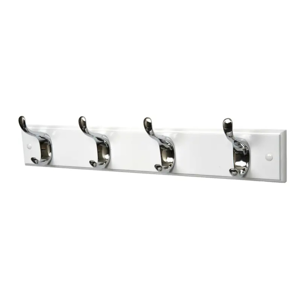 Hiatt 4 Polished Chrome Heavy Duty Hooks on White Coat Rack 450mm