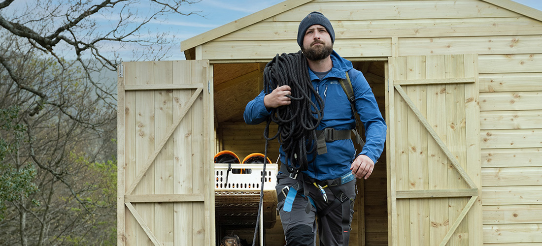 Man walking out of Beckwood shed