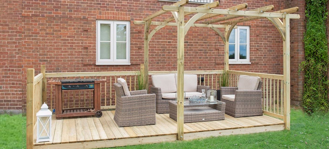 Decking with pergola in garden