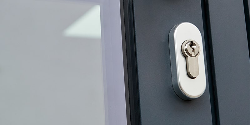 Close-up of escutcheon over front door lock.