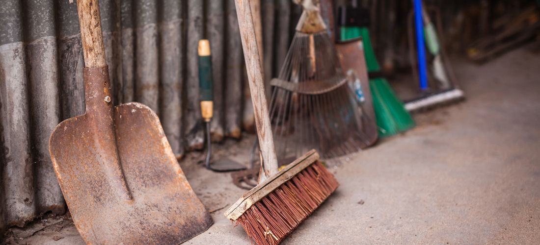 garden tools in shed