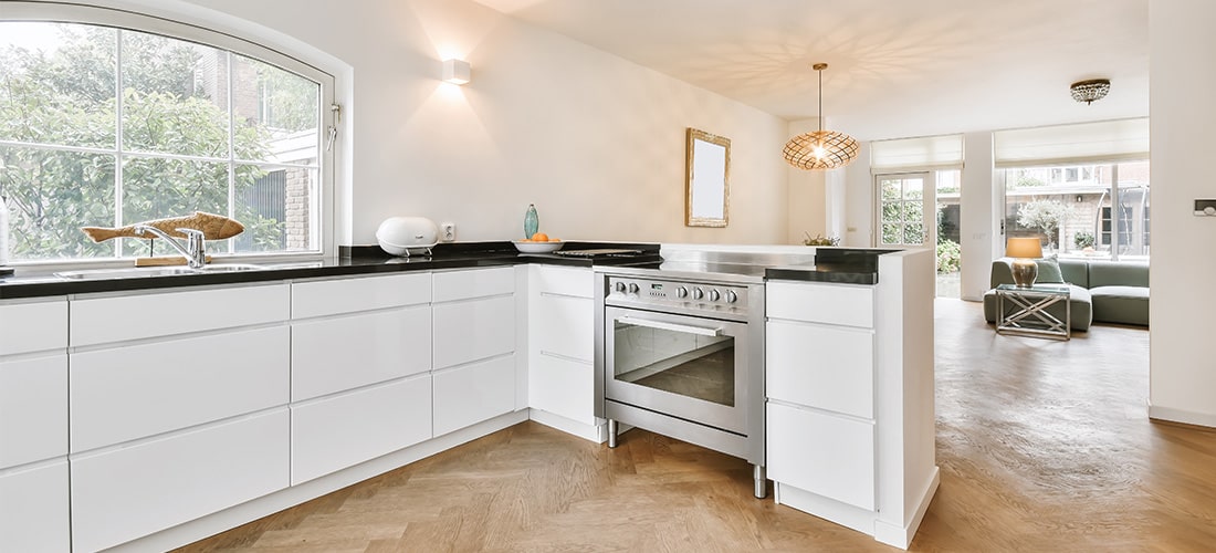 Stylish kitchen with parquet floor.