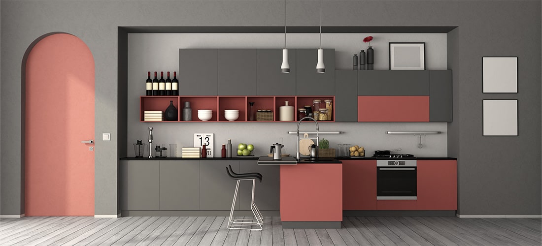 Pink and grey modern kitchen.