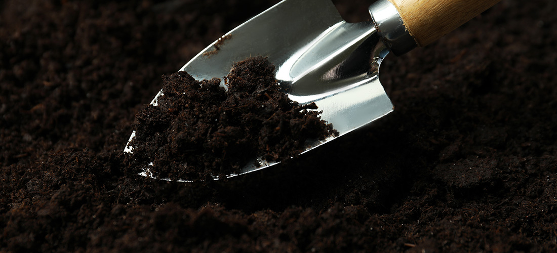 Close-up of shovel digging through soil in garden.